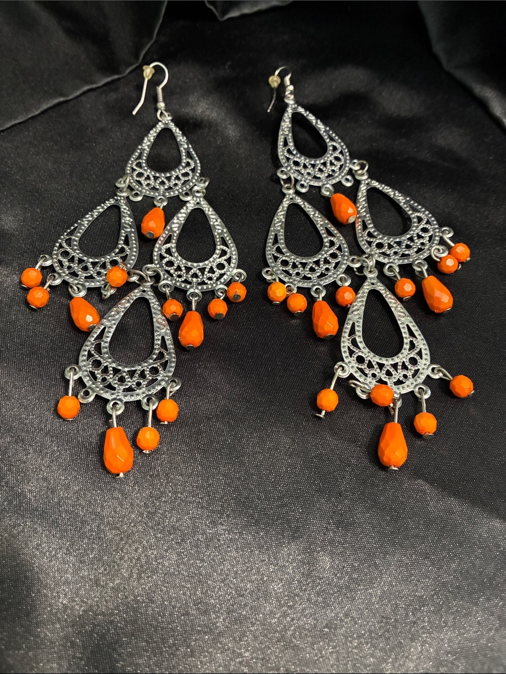 Filigree Chandelier Earrings with Orange Beads